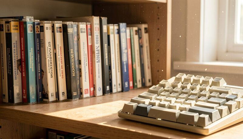 A shelf of floppy disks, old software boxes and a beige keyboard, dust motes drifting in warm window light.