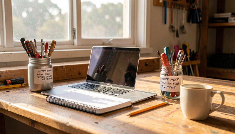 An Australian home workshop desk with an open laptop, a jar of screwdrivers, a notebook and a cup of tea in morning light