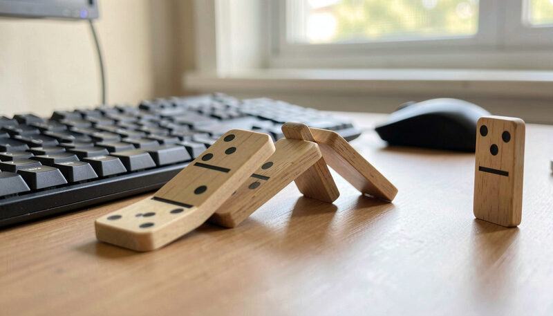 A row of wooden dominoes mid-topple on a desk next to a keyboard, playful shallow depth of field, afternoon light.