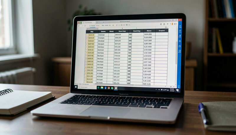 A laptop screen glowing with a grid of table rows in a dim room, a notebook and pen beside it, shallow depth of field.