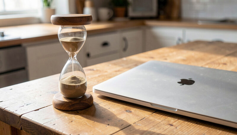 An hourglass with sand still running beside a closed laptop on a kitchen table, patient afternoon light.