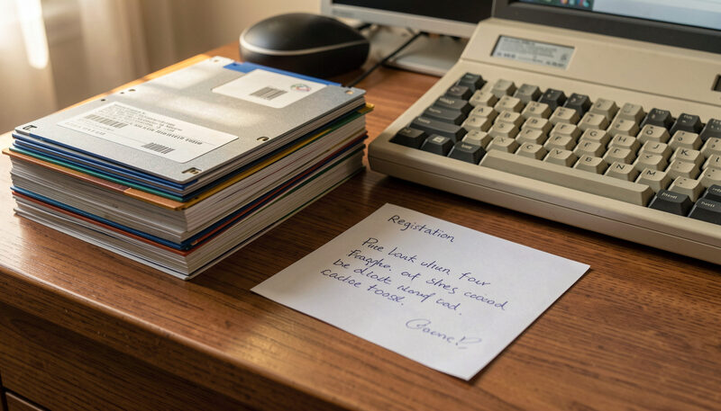 A stack of labelled floppy disks and a handwritten registration card on a 1990s desk beside a beige keyboard, warm light.