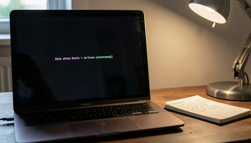 A dark laptop screen with a single glowing prompt line, a small notebook of handwritten notes beside it, moody desk lamp light.