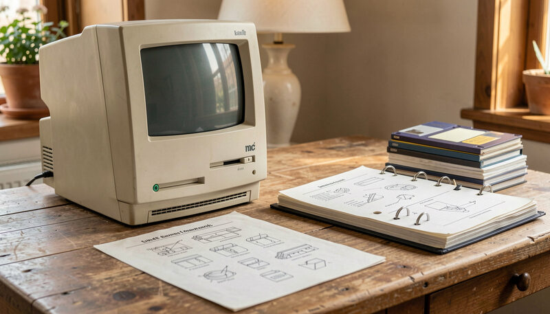 A vintage all-in-one Mac computer on a wooden desk beside a ring binder of printed diagrams and a stack of floppy disks, warm nostalgic light.