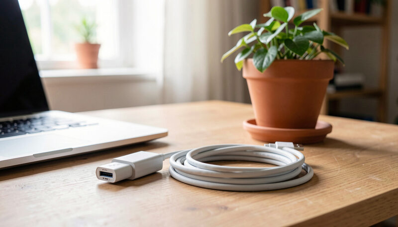 A small external hard drive with a neatly coiled cable beside a laptop and a pot plant on a home desk, soft daylight.